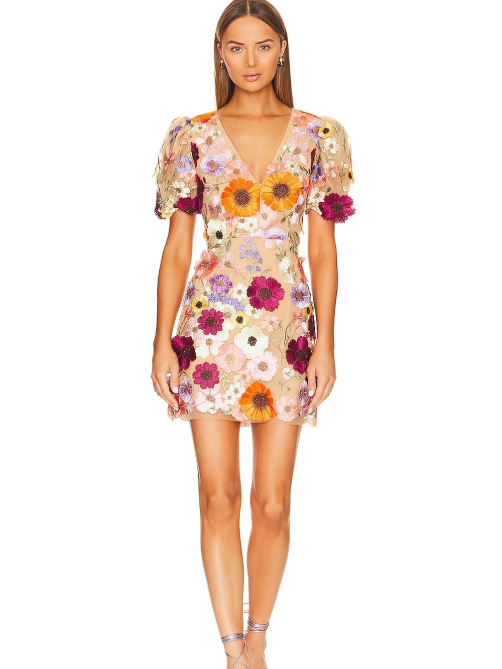 Elliatt Floral Embroidered Mini Dress in Nude with Pink, Orange & Purple